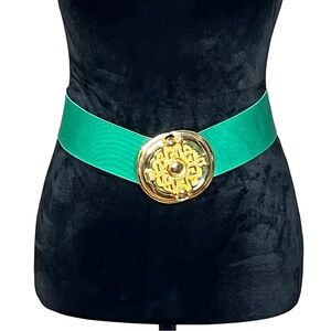 VINTAGE Pearl Brand 80’s Kelly Green Stretch Belt Bold Goldtone Buckle SZ S/M